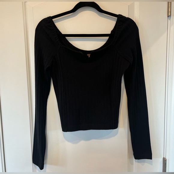 Free People - Black Ribbed Long Sleeve Square Neck Top w/ Boned V at Décolletage - Picture 2 of 6